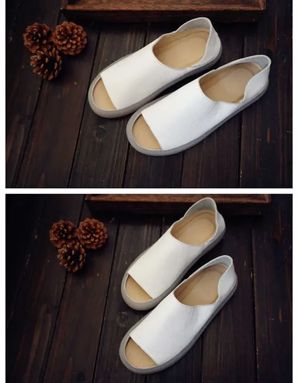 Handmade Leather Open Toe Simple Flats