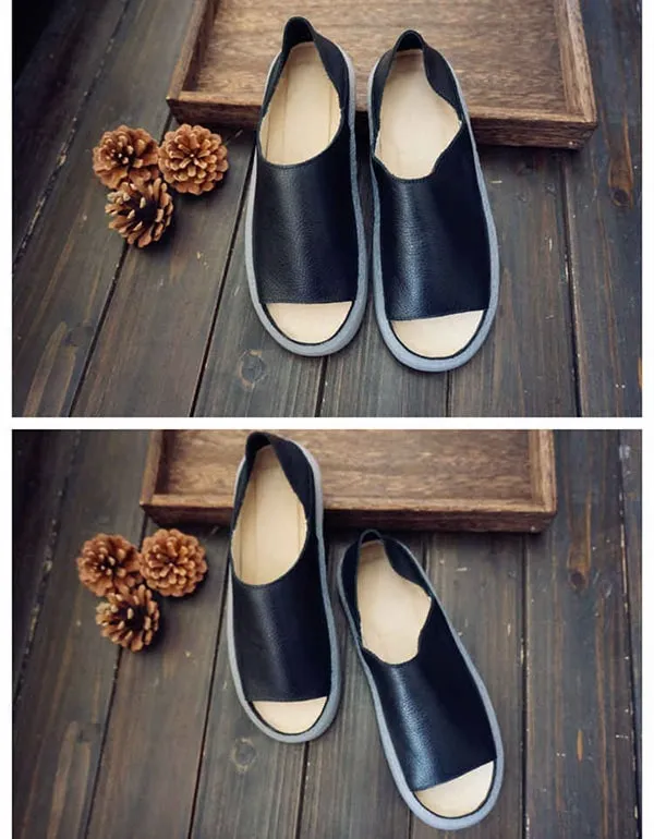 Handmade Leather Open Toe Simple Flats