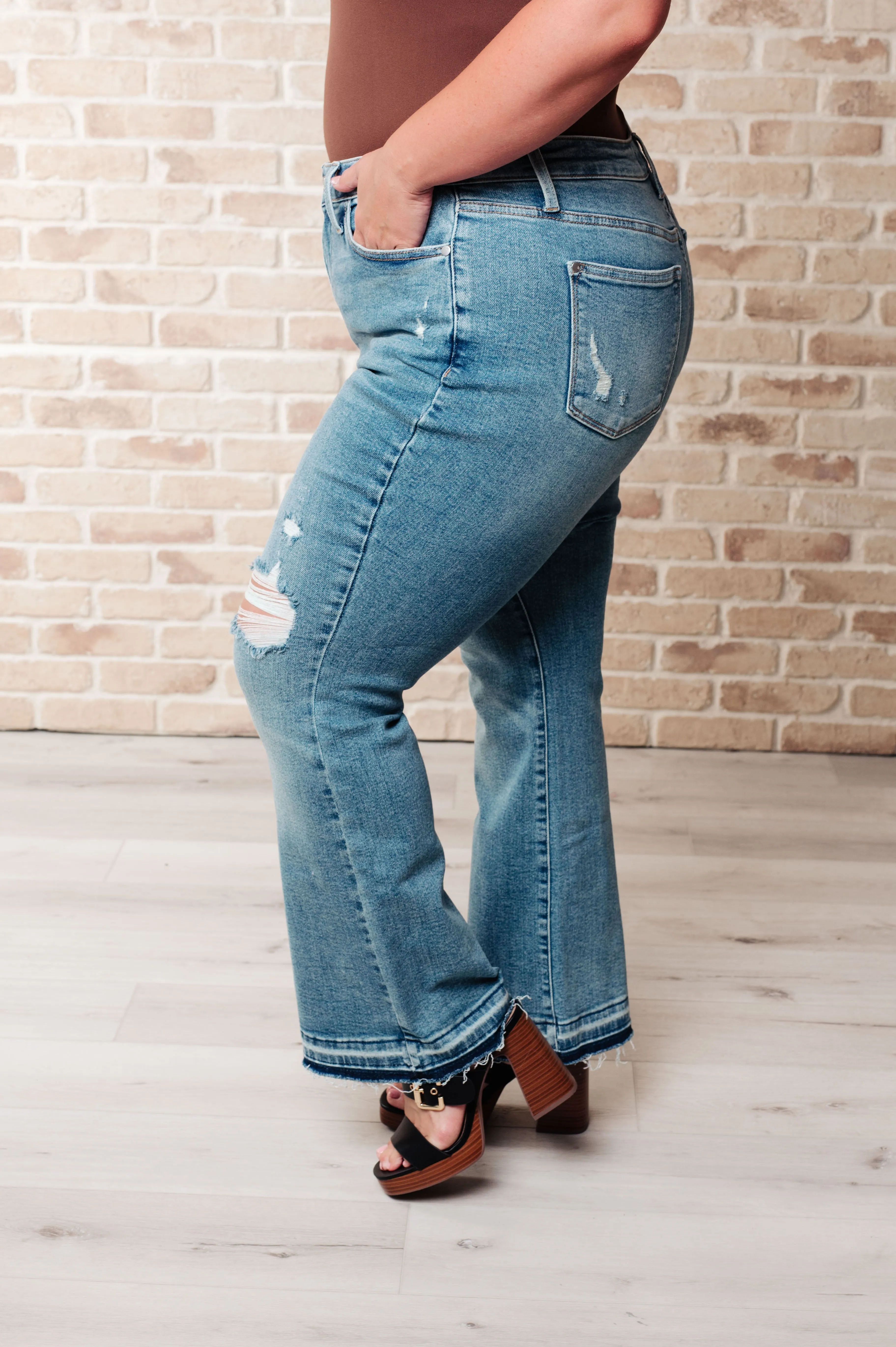 Judy Blue Mid Rise Release Hem Distressed Vintage Bootcut Jeans