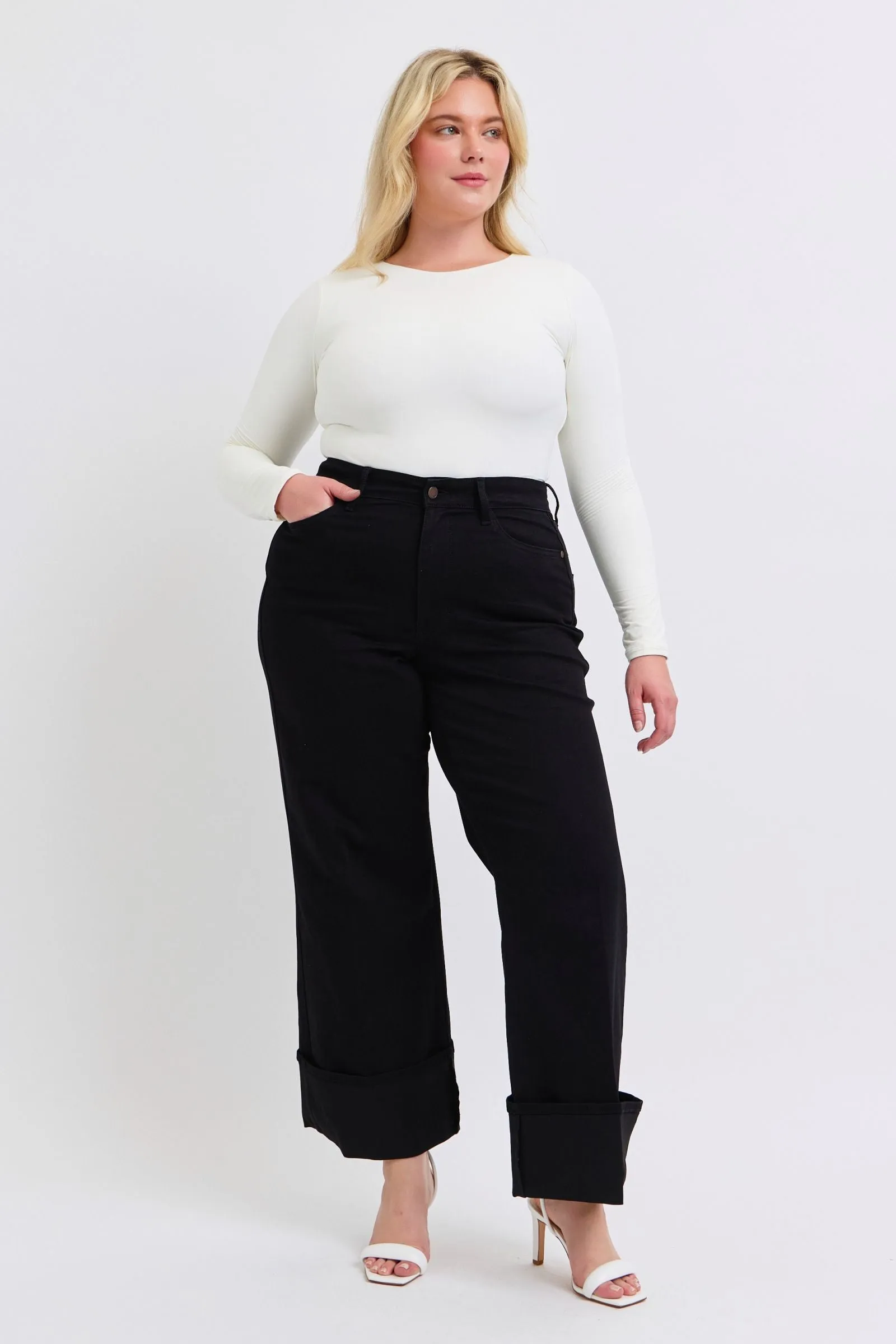 Judy Blue Reg/Plus High Waist Black Retro Cuffed Wide Leg Jeans