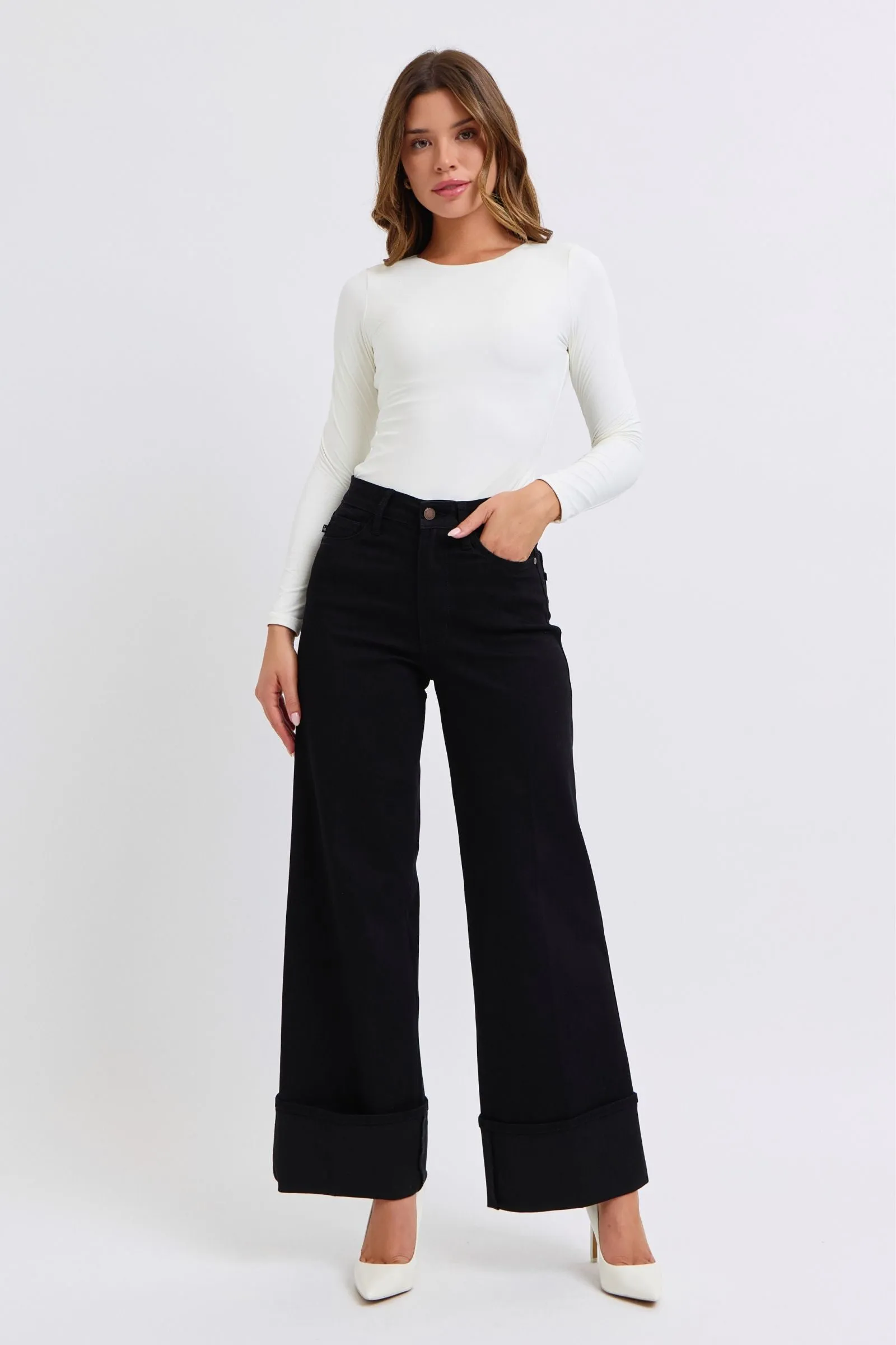 Judy Blue Reg/Plus High Waist Black Retro Cuffed Wide Leg Jeans