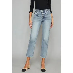 Kancan High Waist Button Fly Raw Hem Cropped Straight Jeans