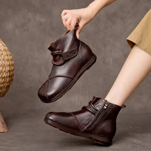 Leather Vintage Boots For Women Soft Ankle Boots Round Toe Leather Flat Shoes in Coffee