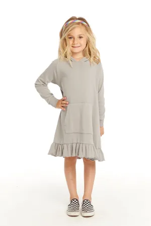 Long Sleeve Gravel Grey Hooded Ruffle Hem Dress