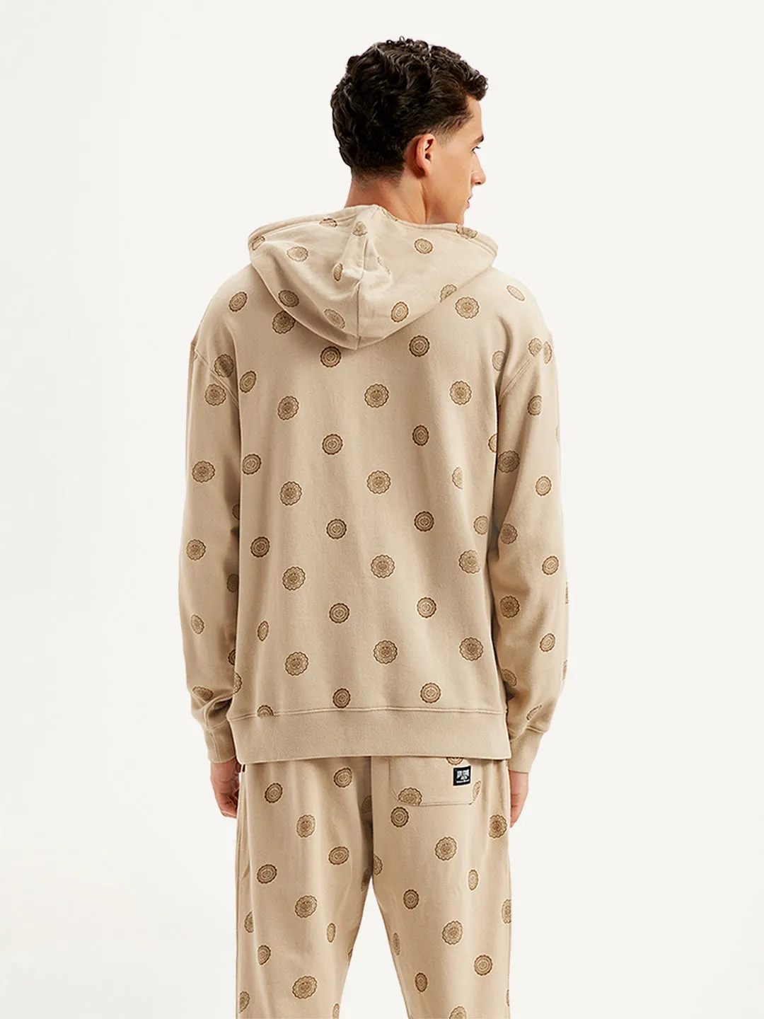 Men's Printed Khaki Hooded Sweatshirt