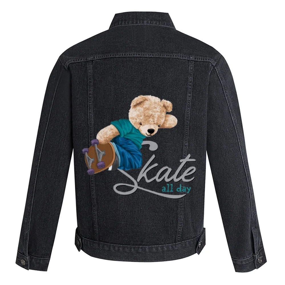 Mens Vintage Cartoon Cute Bear Skate All Day Prints Denim Jacket