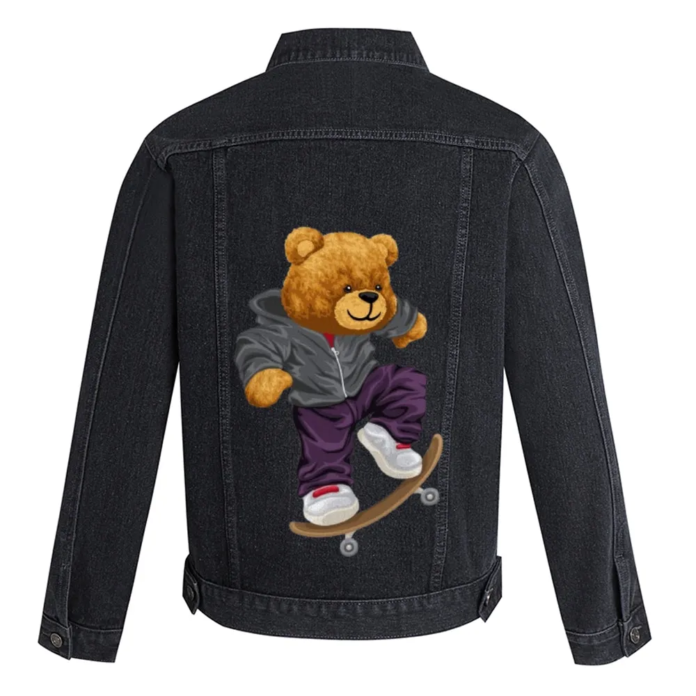 Mens Vintage Cartoon Cute Skate Bear Prints Denim Jacket