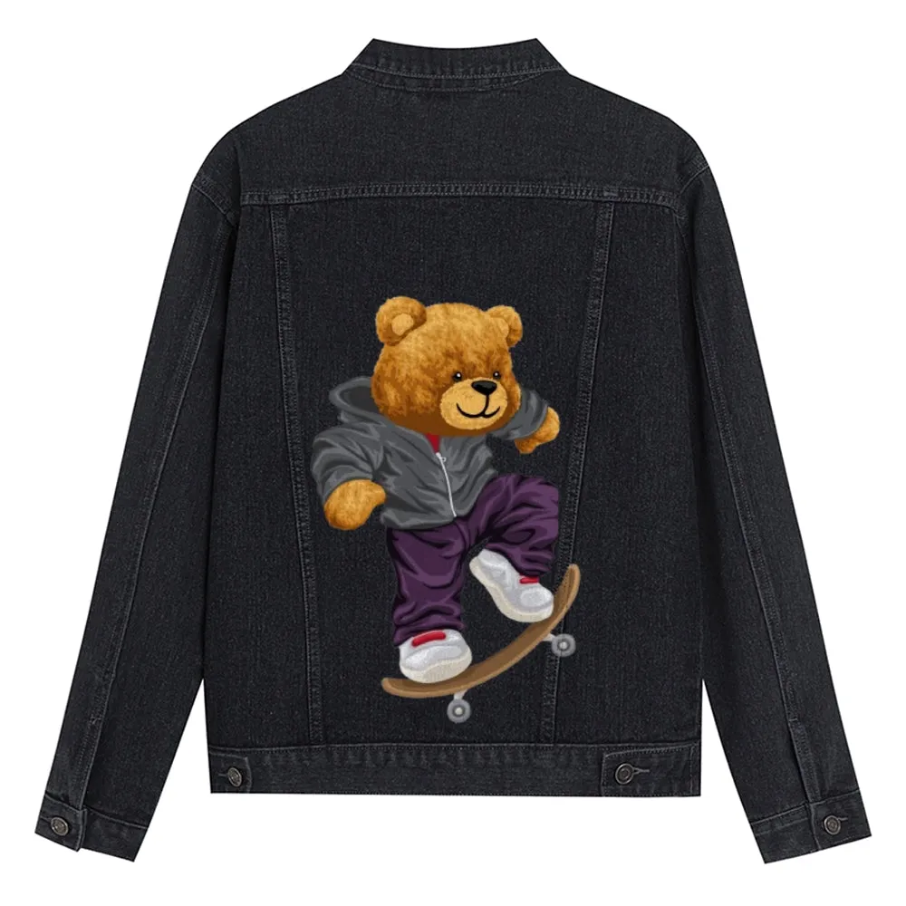 Mens Vintage Cartoon Cute Skate Bear Prints Denim Jacket