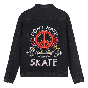 Mens Vintage Cartoon Prints DON'T HATE JUST SKATE Denim Jacket