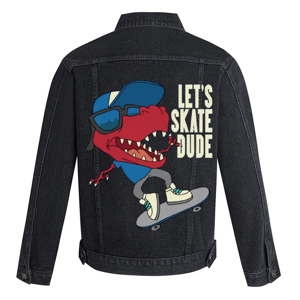 Mens Vintage Cartoon Prints LET'S SKATE DUDE Denim Jacket