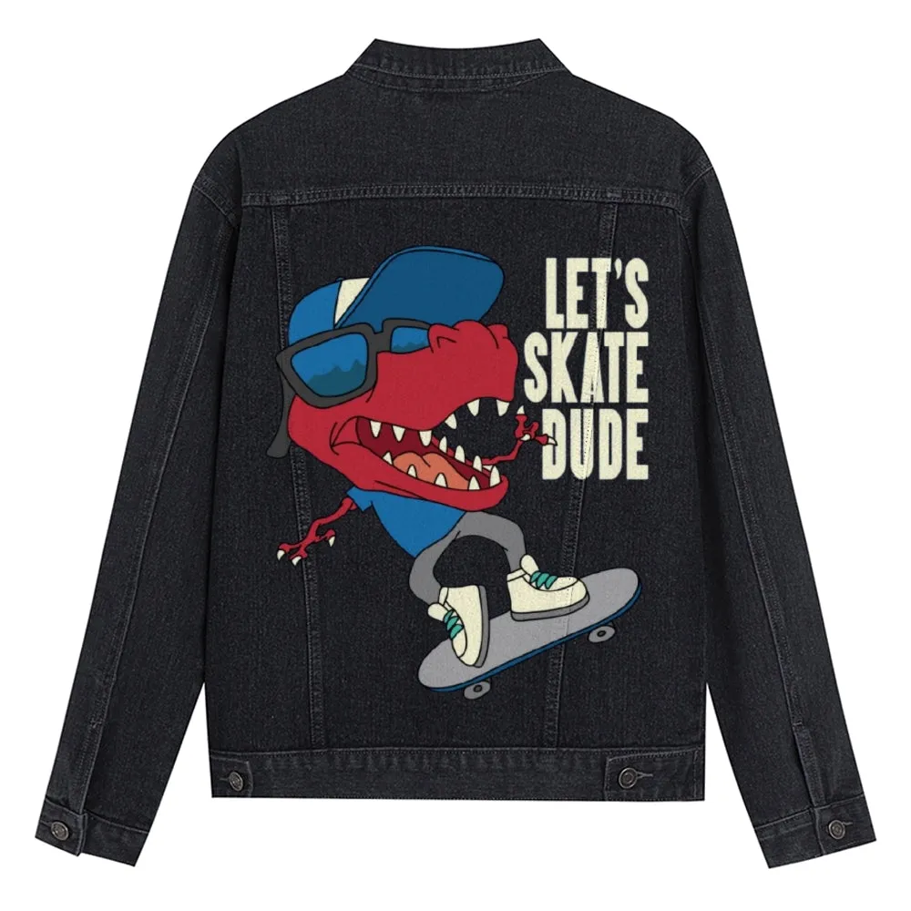 Mens Vintage Cartoon Prints LET'S SKATE DUDE Denim Jacket