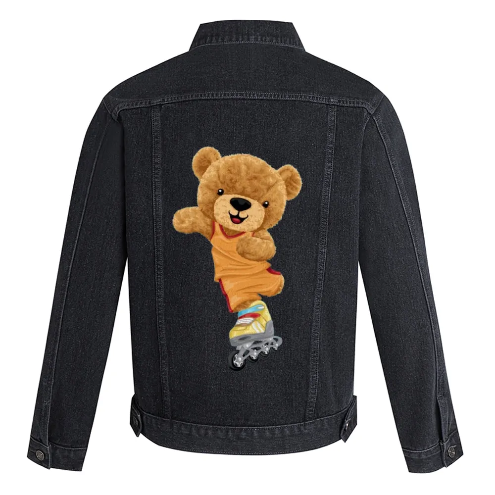 Mens Vintage Cute Bear Skate Cartoon Prints Denim Jacket