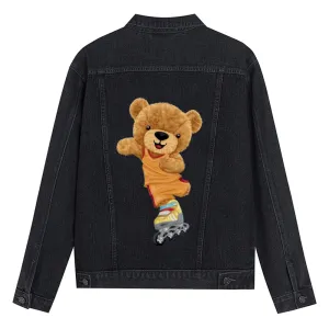 Mens Vintage Cute Bear Skate Cartoon Prints Denim Jacket