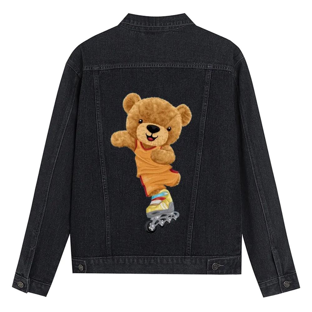 Mens Vintage Cute Bear Skate Cartoon Prints Denim Jacket