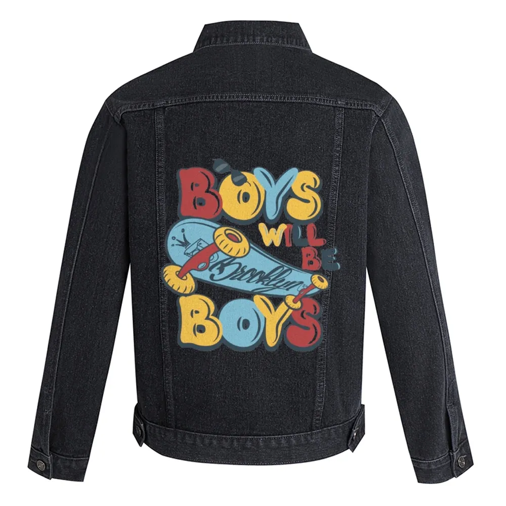 Mens Vintage Skate Cartoon Prints Boys Will Be Boys Denim Jacket