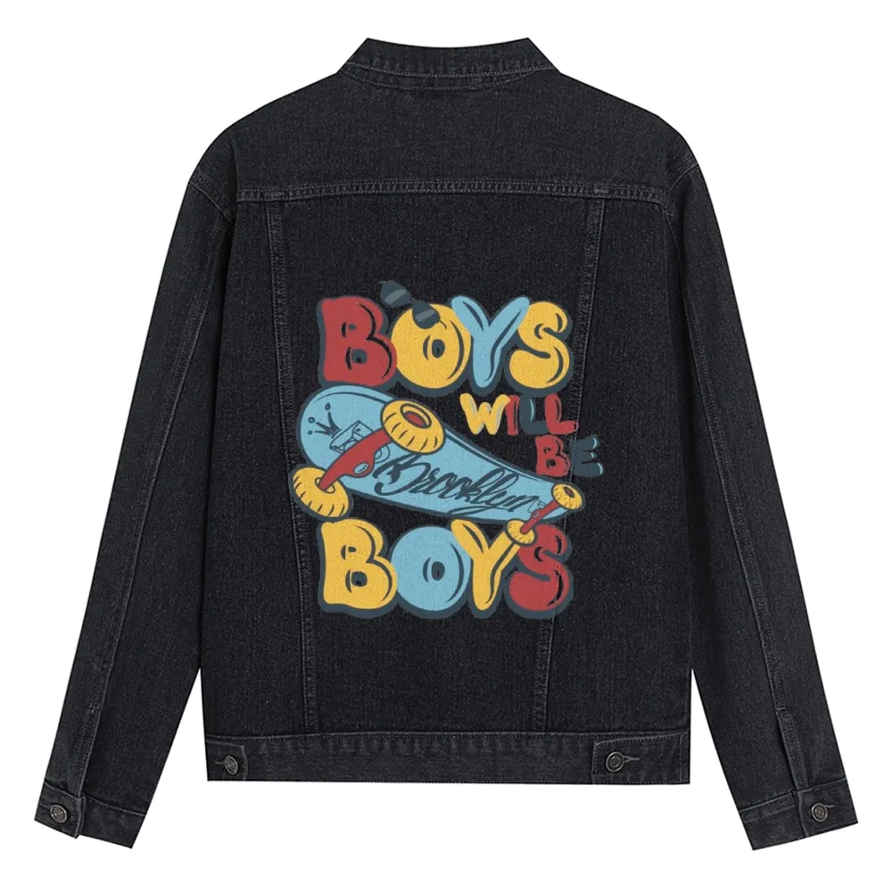 Mens Vintage Skate Cartoon Prints Boys Will Be Boys Denim Jacket