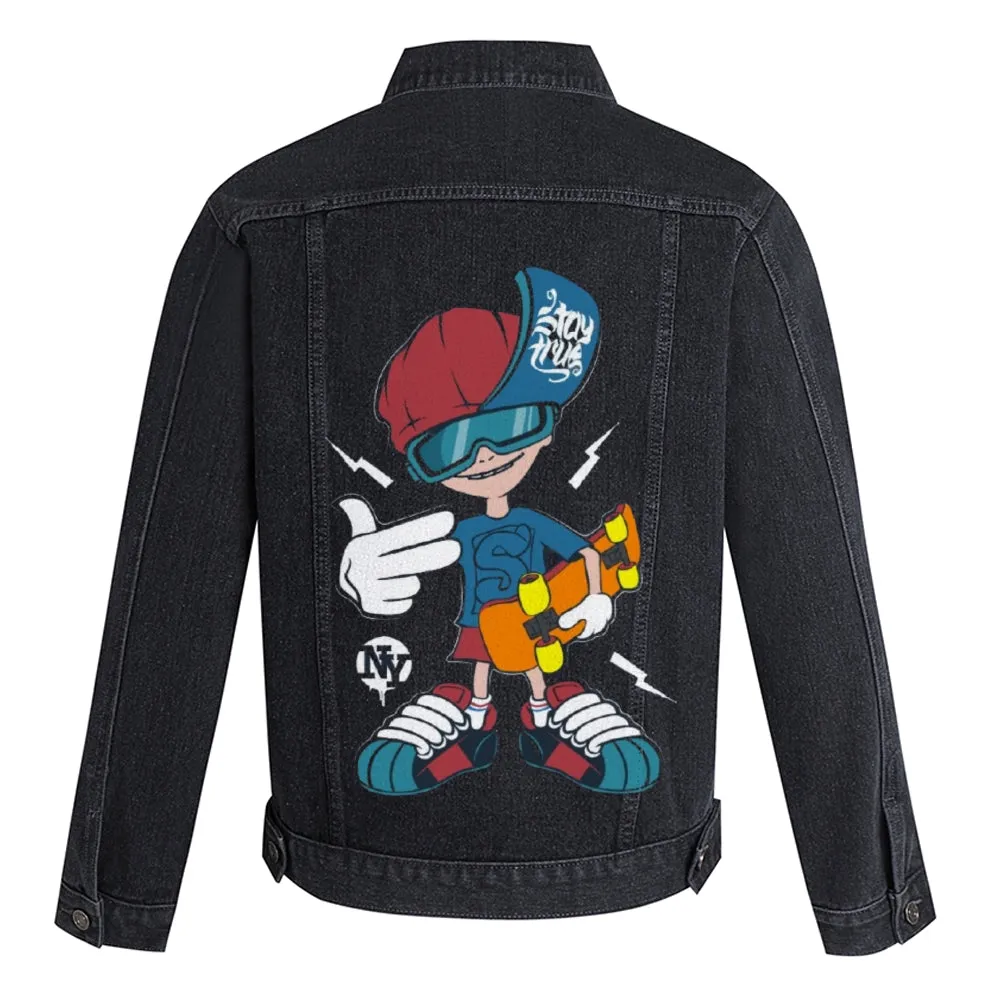 Mens Vintage Skate Cartoon Prints Denim Jacket