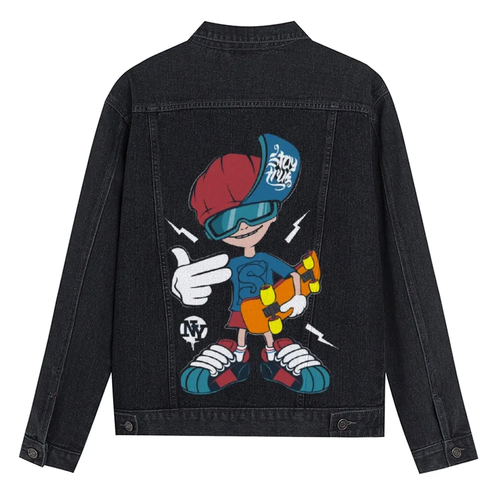 Mens Vintage Skate Cartoon Prints Denim Jacket