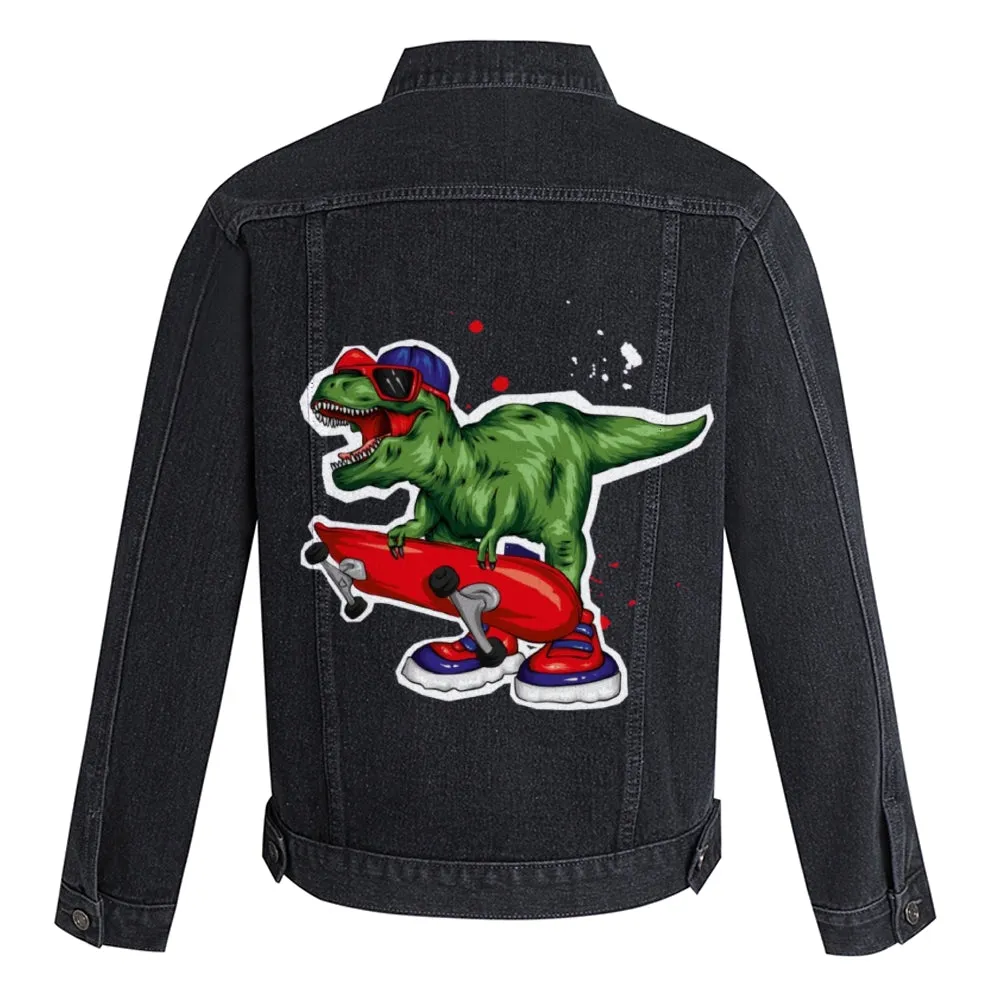 Mens Vintage Skate Cartoon Prints Green Dinosaur Denim Jacket