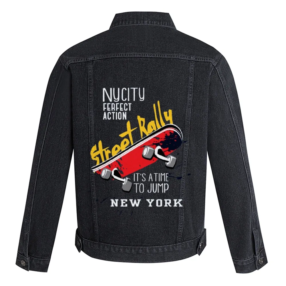 Mens Vintage Skate Cartoon Prints Nycity Ferfect Action Street Rally It's A Time To Jump New York Denim Jacket