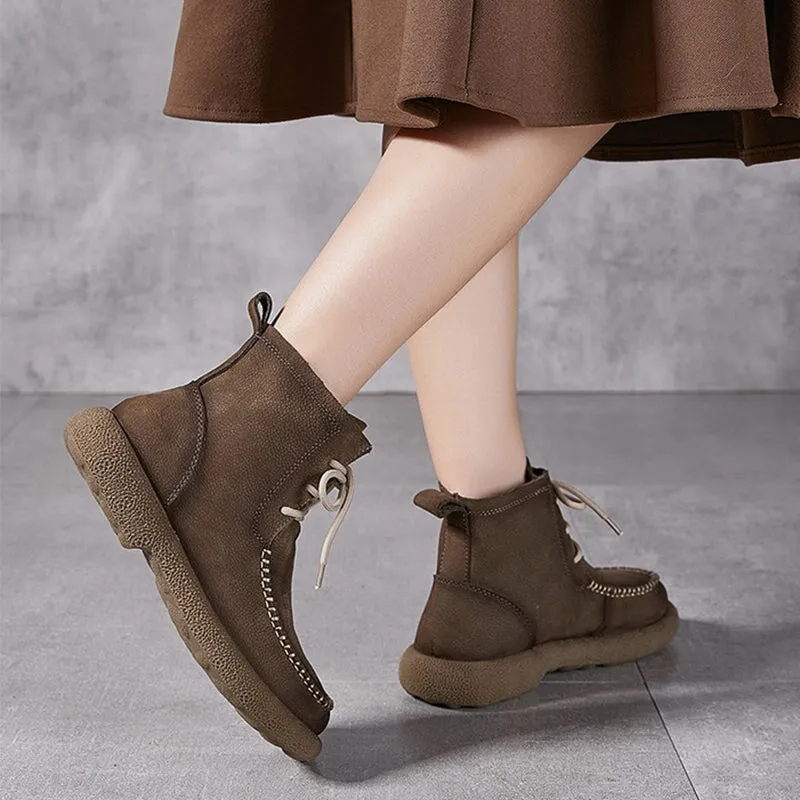 Mori Girl Style Leather Martin Boots For Women Round Toe Lace Up in Dark Grey/Camel