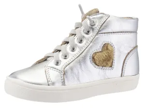 Old Soles Girl's 6015 Heart Felt High Top Silver Smooth Leather Lace Up Side Zipper Plush Fur Heart Sneaker