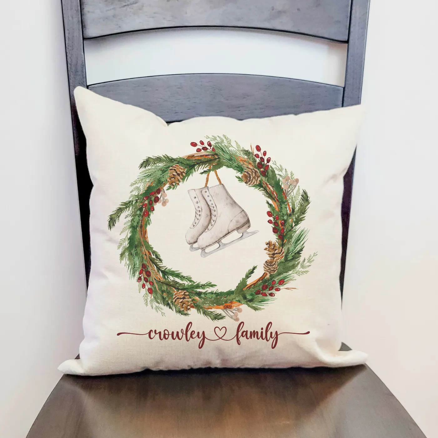 Personalized Ice Skate Wreath Pillow Cover