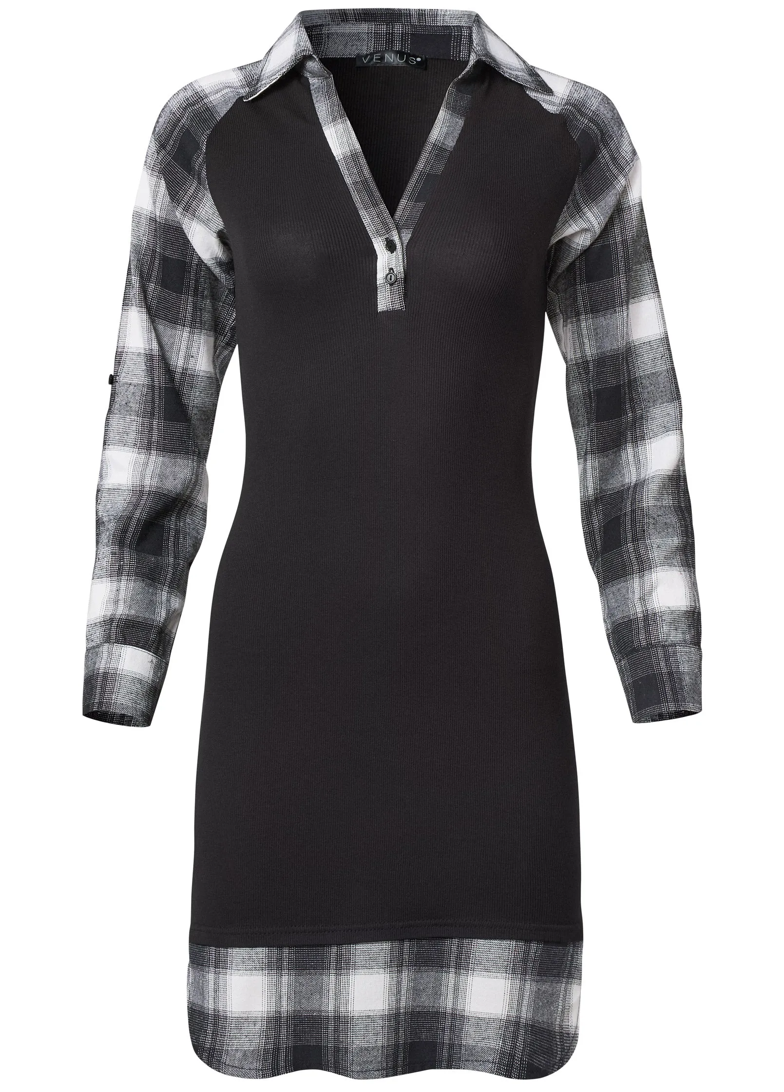 Plaid Detail Henley Dress - Black & White