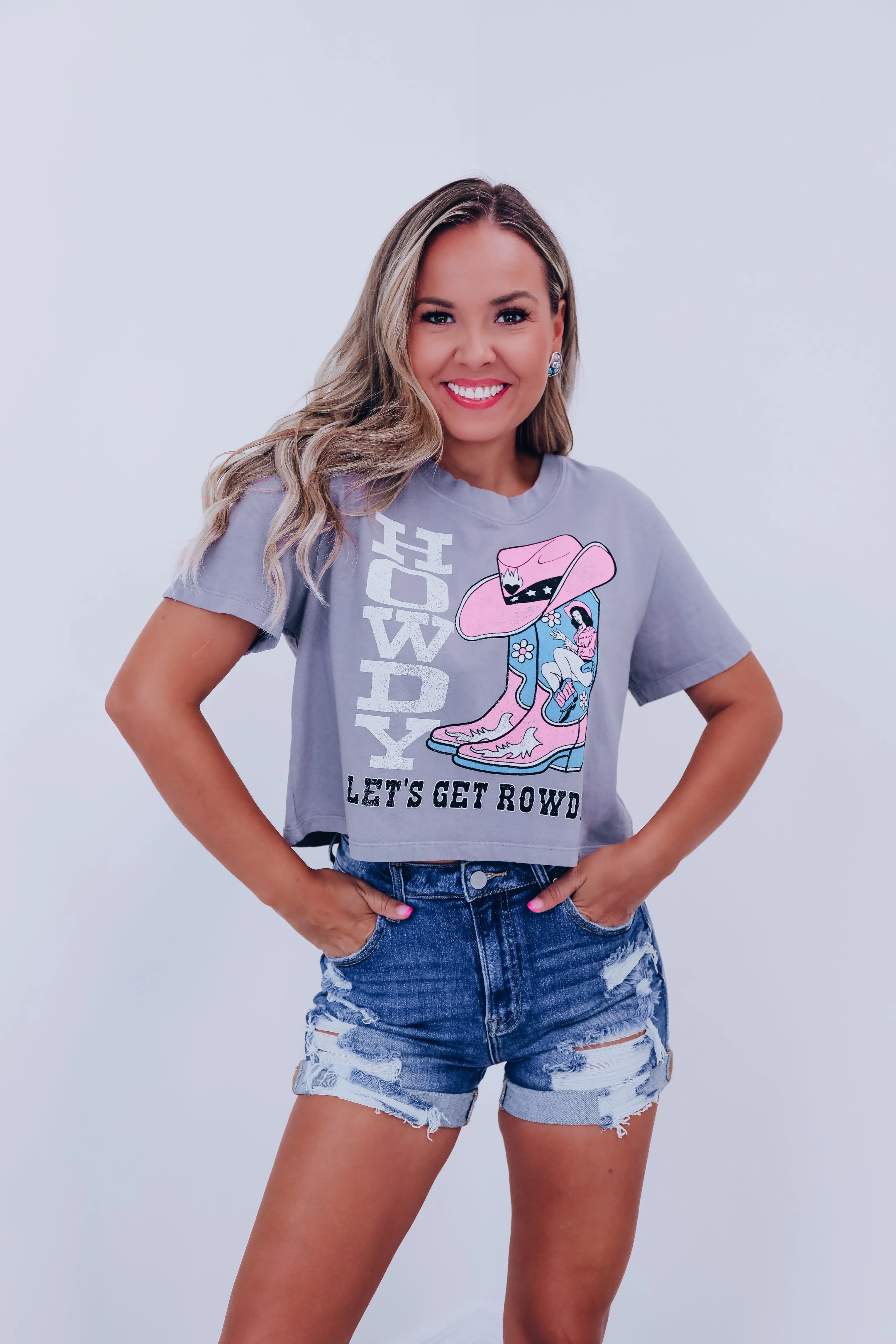 "Let's Get Rowdy" Cropped Graphic Top - Charcoal