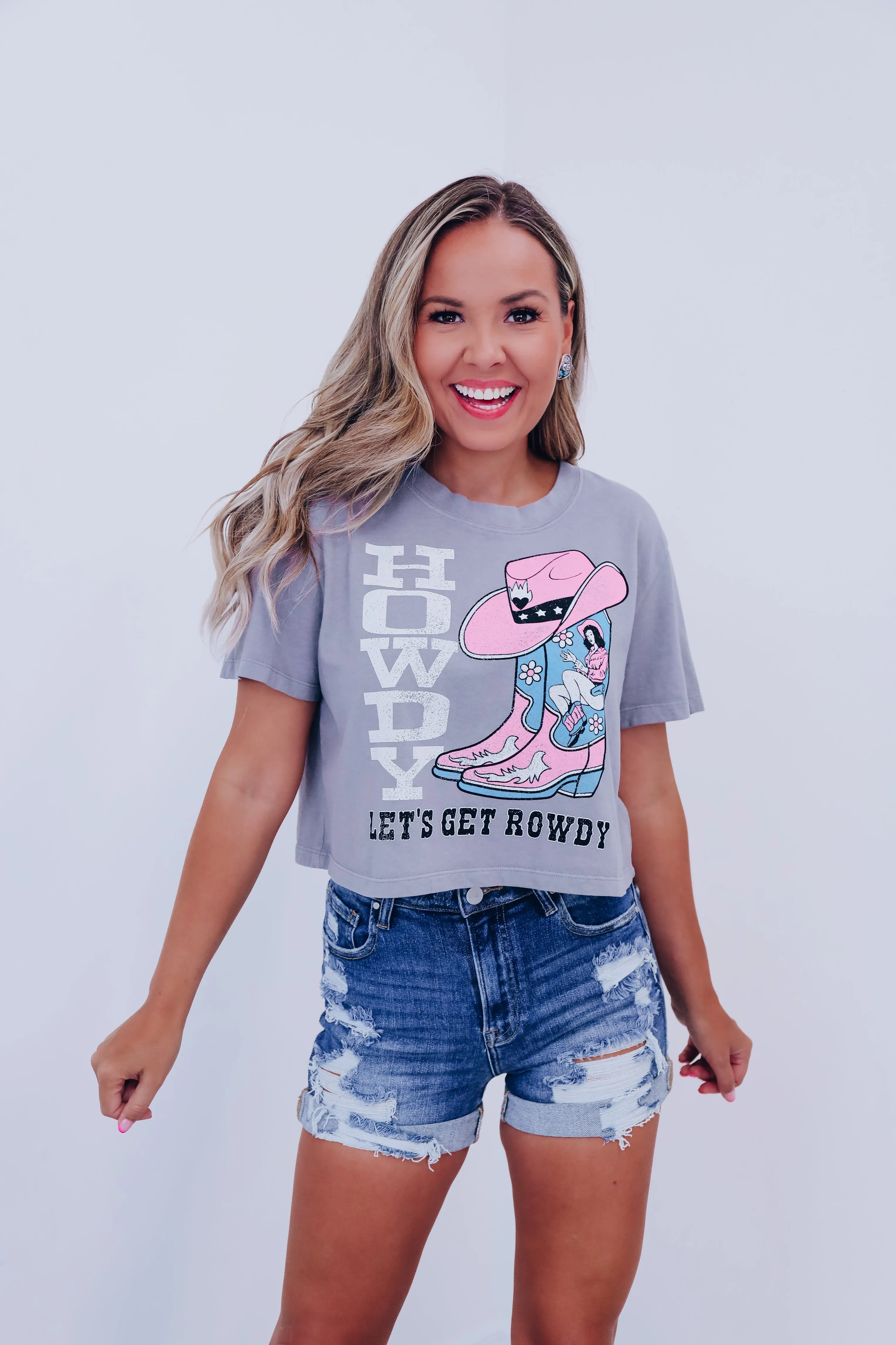 "Let's Get Rowdy" Cropped Graphic Top - Charcoal