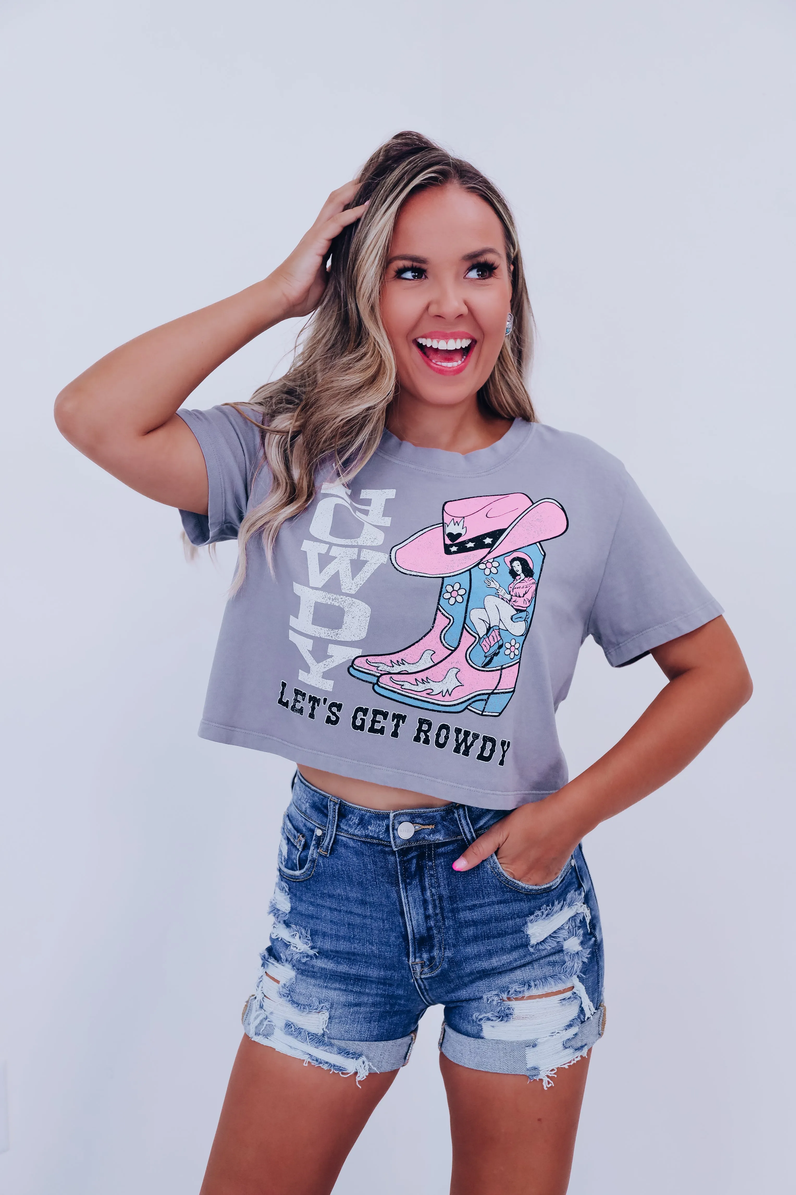 "Let's Get Rowdy" Cropped Graphic Top - Charcoal