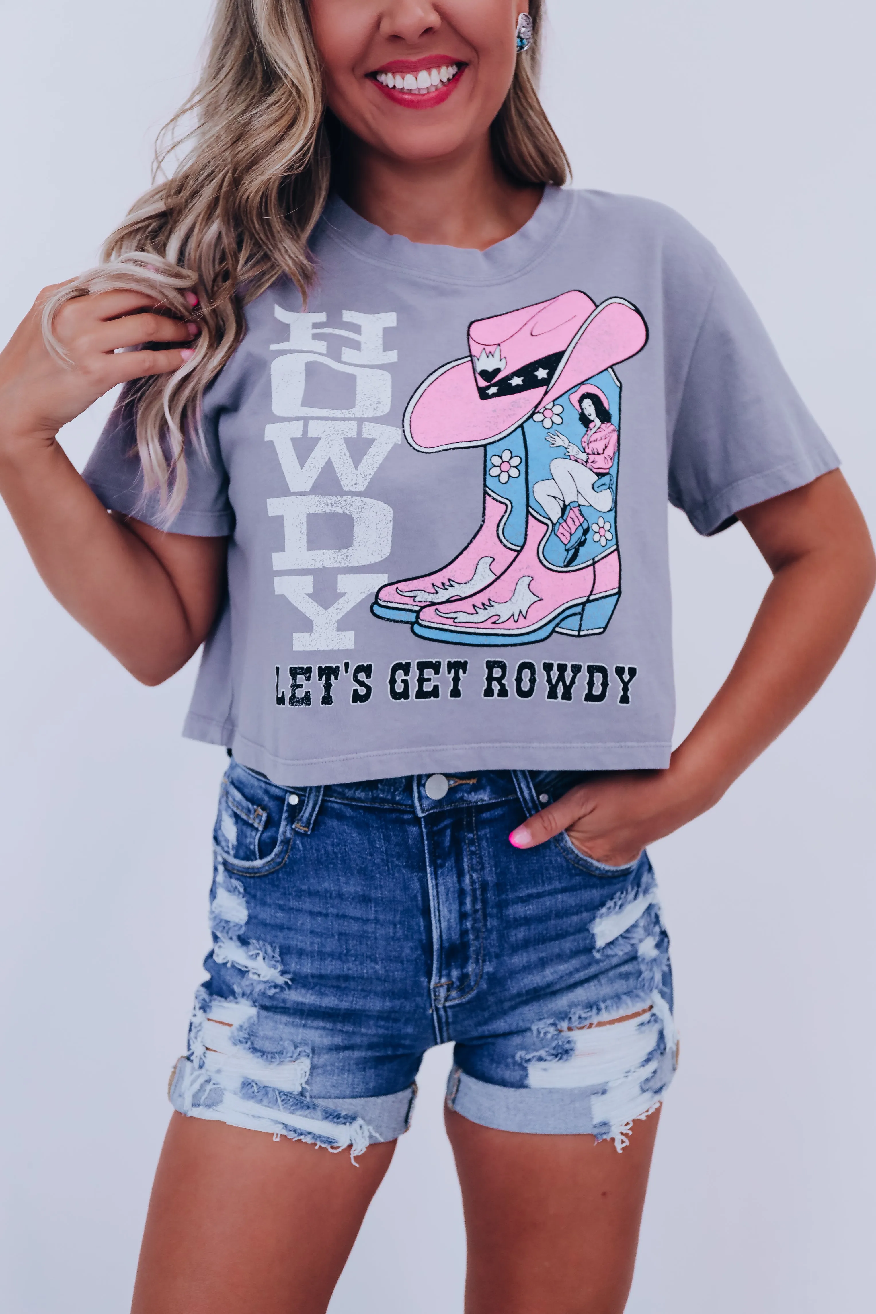 "Let's Get Rowdy" Cropped Graphic Top - Charcoal