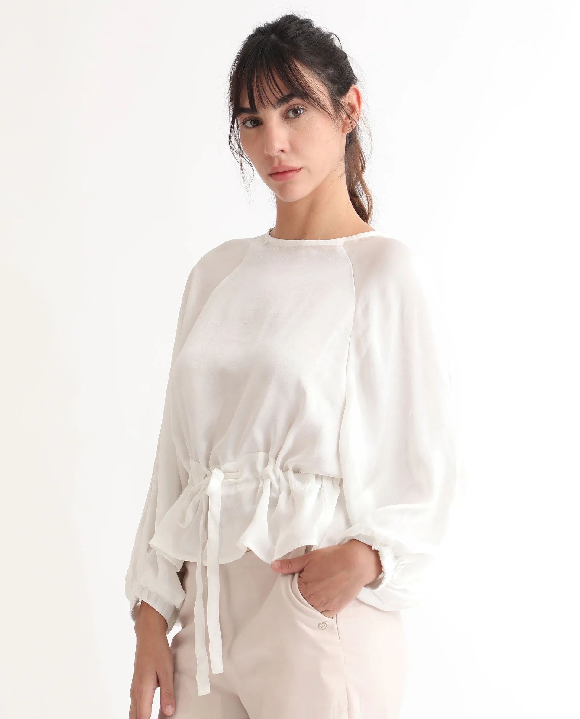 Rareism Women Lenze White Polyester Fabric Full Sleeves Boat Neck Volume Sleeve Oversized Plain Top