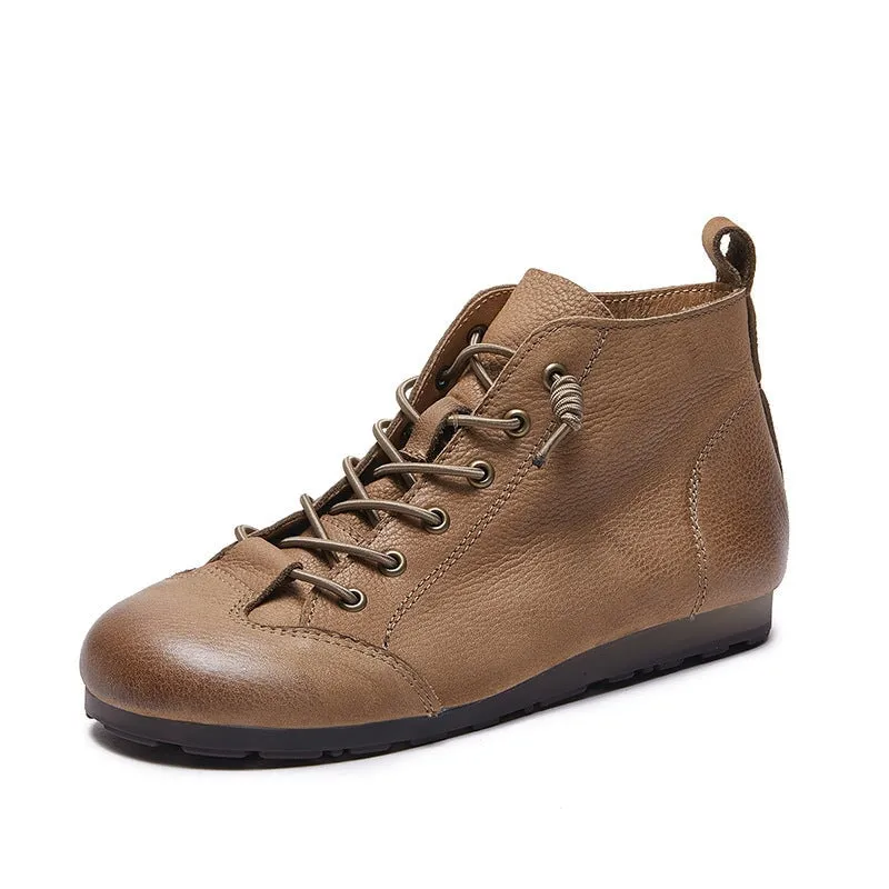 Retro Handmade Genuine Leather Barefoot Boots Lace-Up Ankle Boots in Camel/Coffee