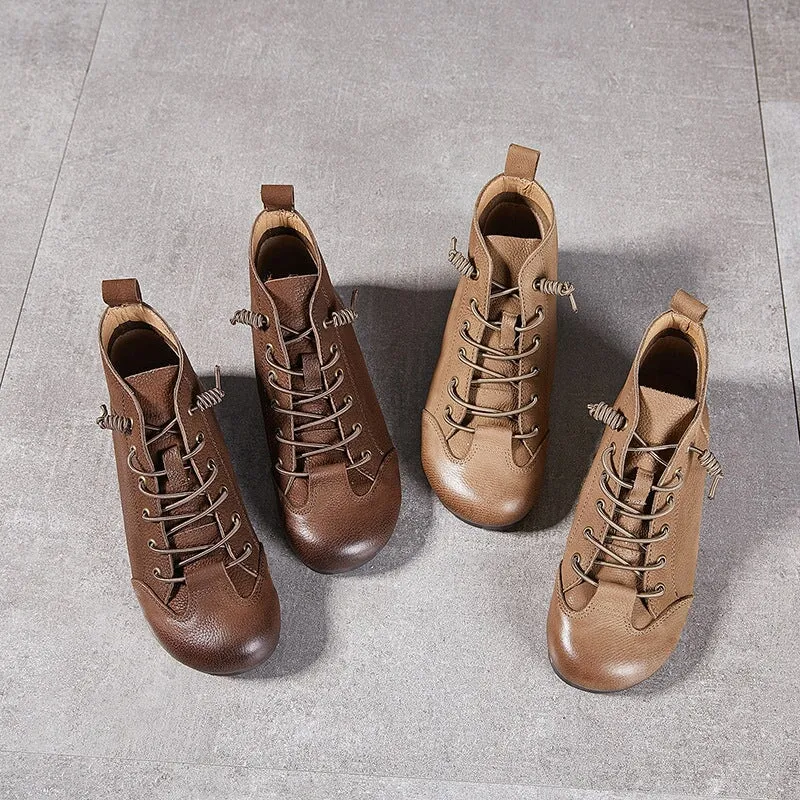 Retro Handmade Genuine Leather Barefoot Boots Lace-Up Ankle Boots in Camel/Coffee