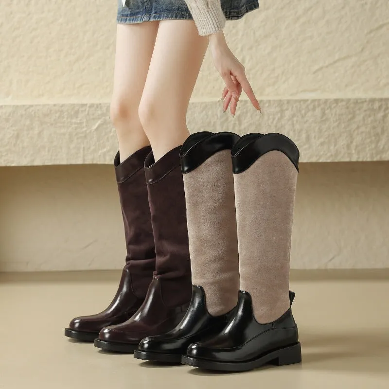 Riding Boots for Women in Apricot/Brown/ Leather - Chunky Sole Tall Boots Cowboy Boots