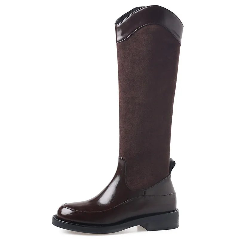 Riding Boots for Women in Apricot/Brown/ Leather - Chunky Sole Tall Boots Cowboy Boots