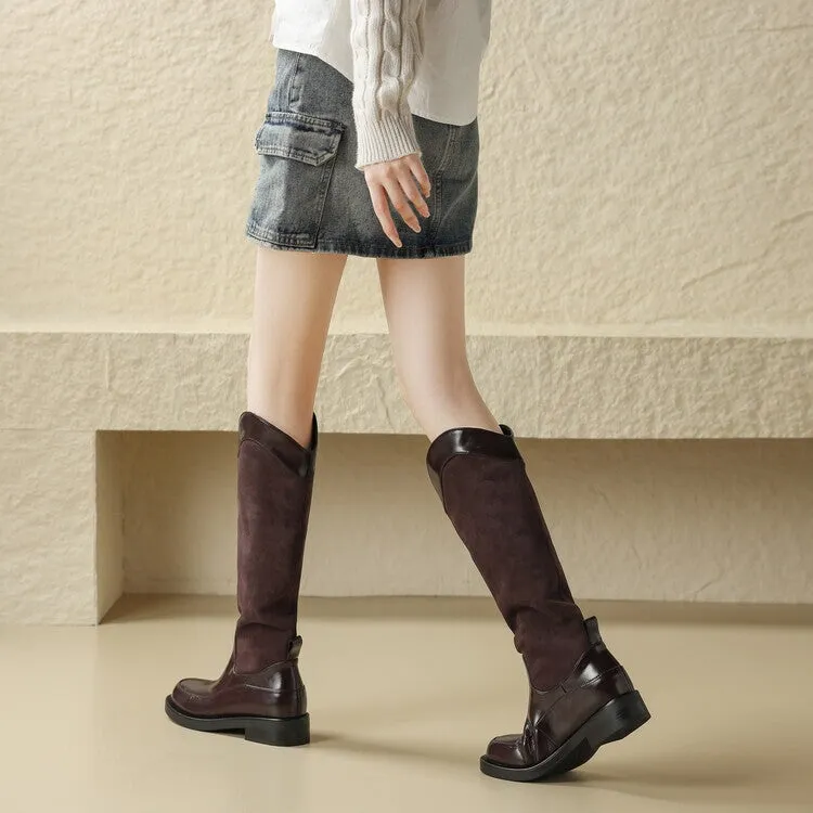 Riding Boots for Women in Apricot/Brown/ Leather - Chunky Sole Tall Boots Cowboy Boots