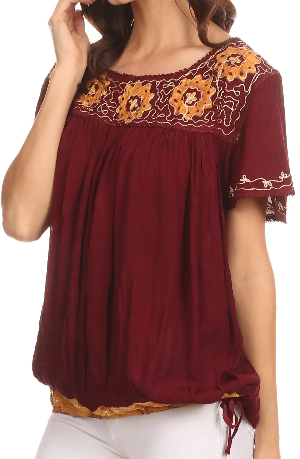 Sakkas Alexi Wide Floral Embroidered Blouse Shirt Top With Wide Neck Cap Sleeves