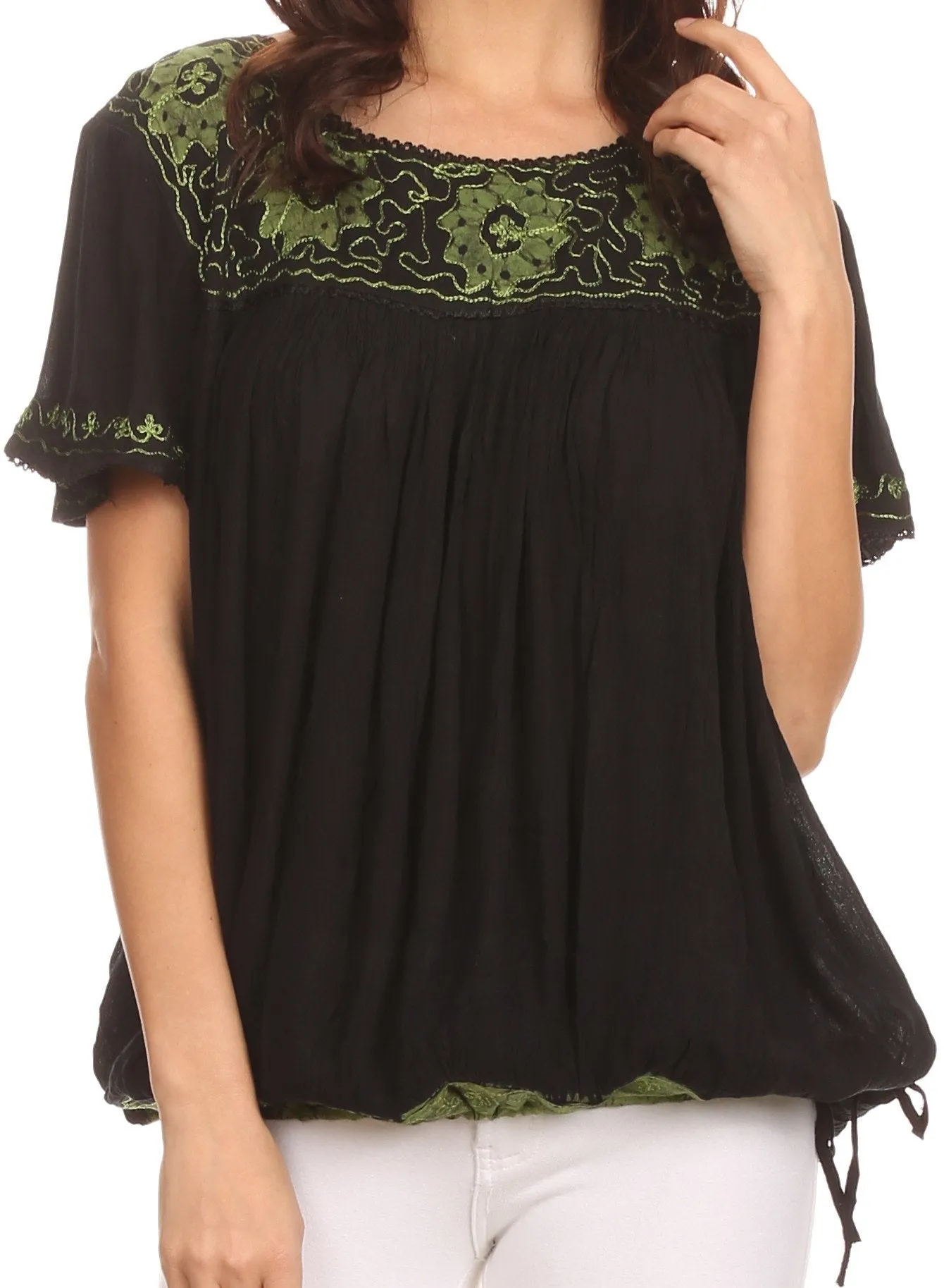 Sakkas Alexi Wide Floral Embroidered Blouse Shirt Top With Wide Neck Cap Sleeves