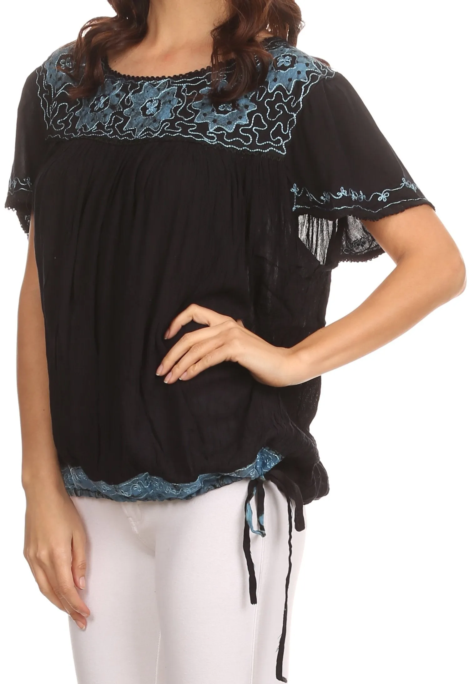 Sakkas Alexi Wide Floral Embroidered Blouse Shirt Top With Wide Neck Cap Sleeves