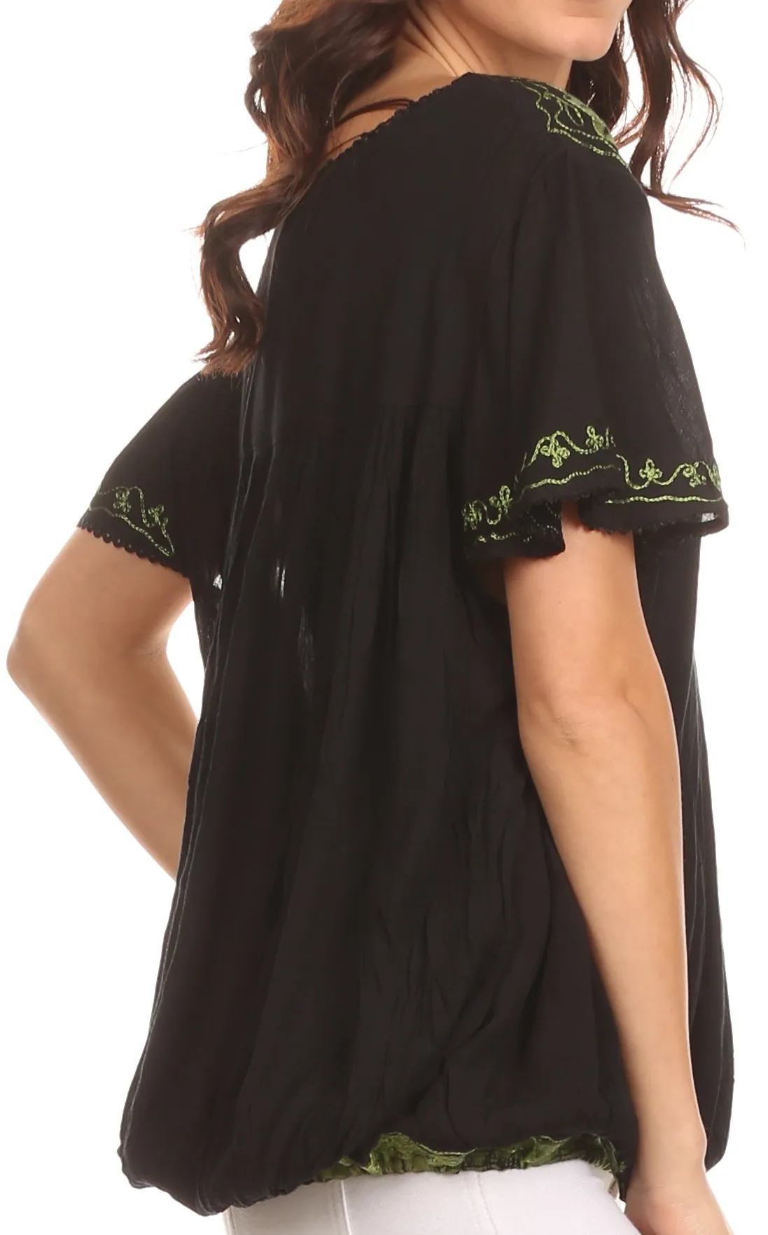 Sakkas Alexi Wide Floral Embroidered Blouse Shirt Top With Wide Neck Cap Sleeves