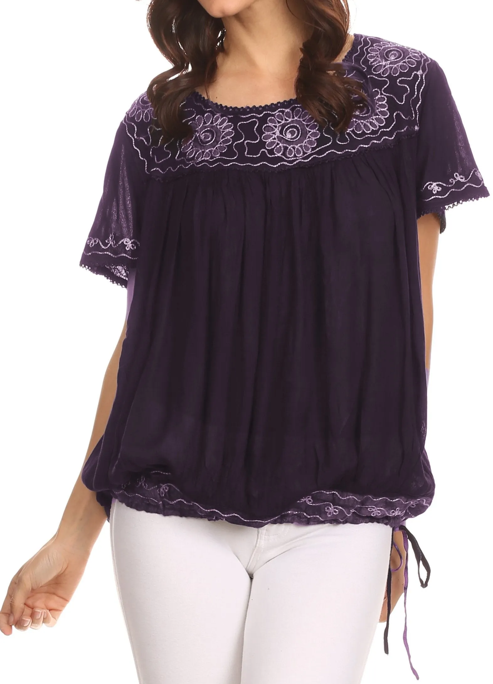 Sakkas Alexi Wide Floral Embroidered Blouse Shirt Top With Wide Neck Cap Sleeves