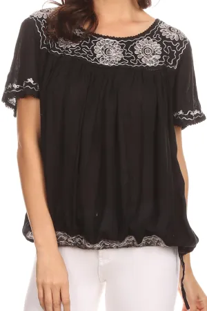 Sakkas Alexi Wide Floral Embroidered Blouse Shirt Top With Wide Neck Cap Sleeves