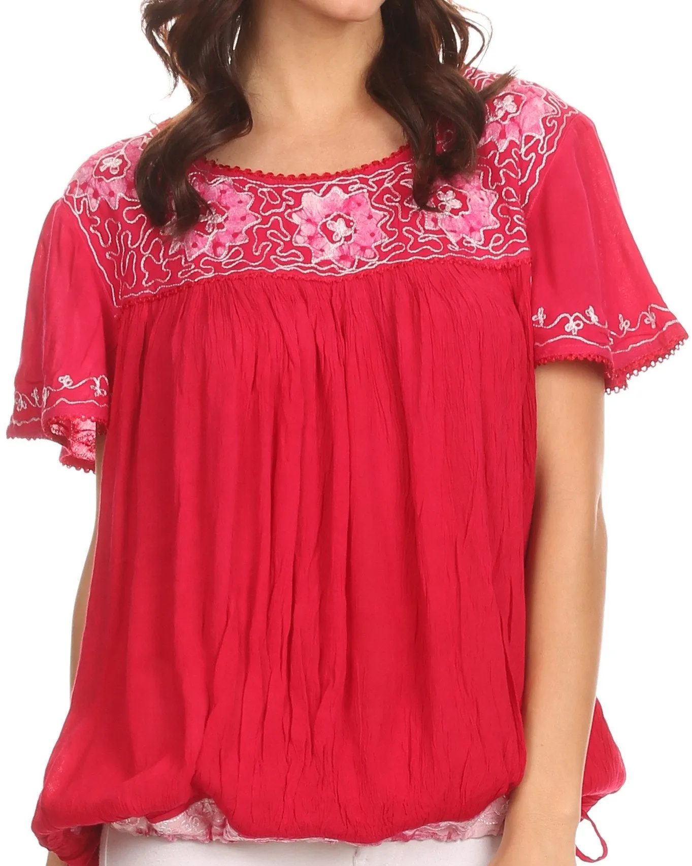 Sakkas Alexi Wide Floral Embroidered Blouse Shirt Top With Wide Neck Cap Sleeves