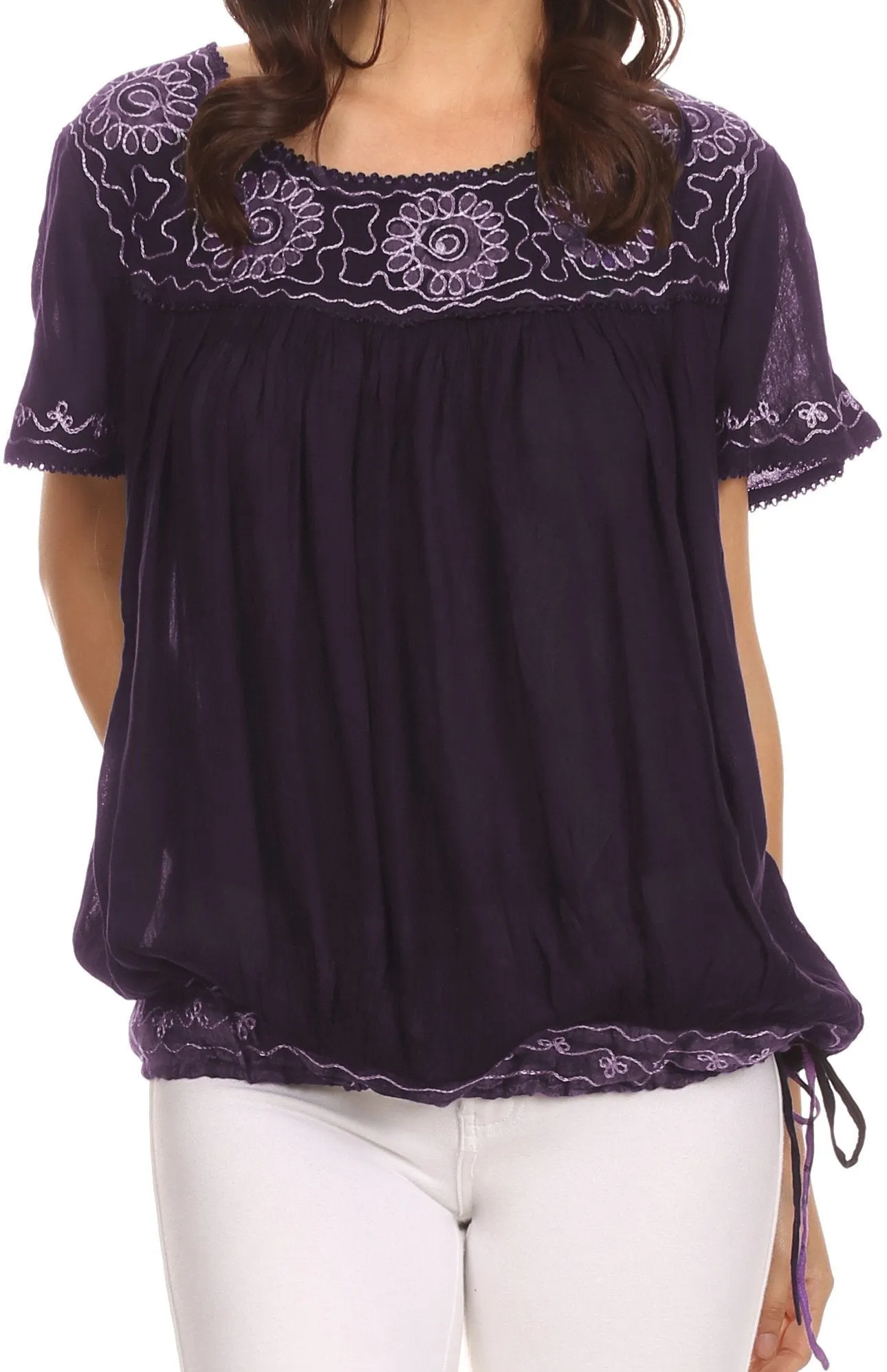 Sakkas Alexi Wide Floral Embroidered Blouse Shirt Top With Wide Neck Cap Sleeves