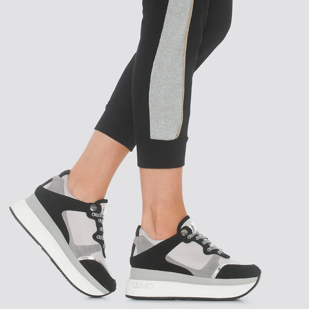 Scarpe Donna LIU JO Sneakers Maxi Platform in Pelle e Tessuto colore Nero e Grigio