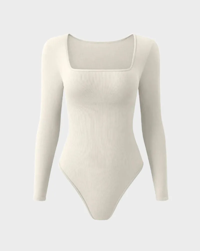 SheCurve® Ribbed Square Neck Long Sleeve Bodysuit