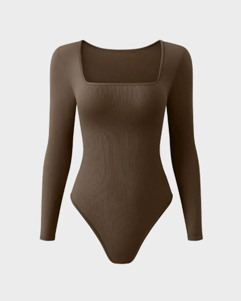 SheCurve® Ribbed Square Neck Long Sleeve Bodysuit