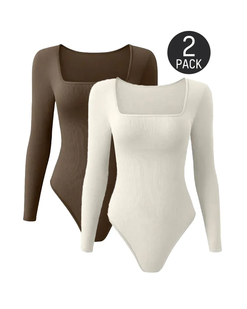 SheCurve® Ribbed Square Neck Long Sleeve Bodysuit